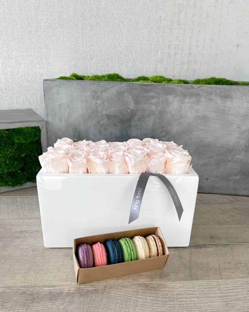 Floral Arrangement and Half Dozen Macarons size, inches height and inches wide.