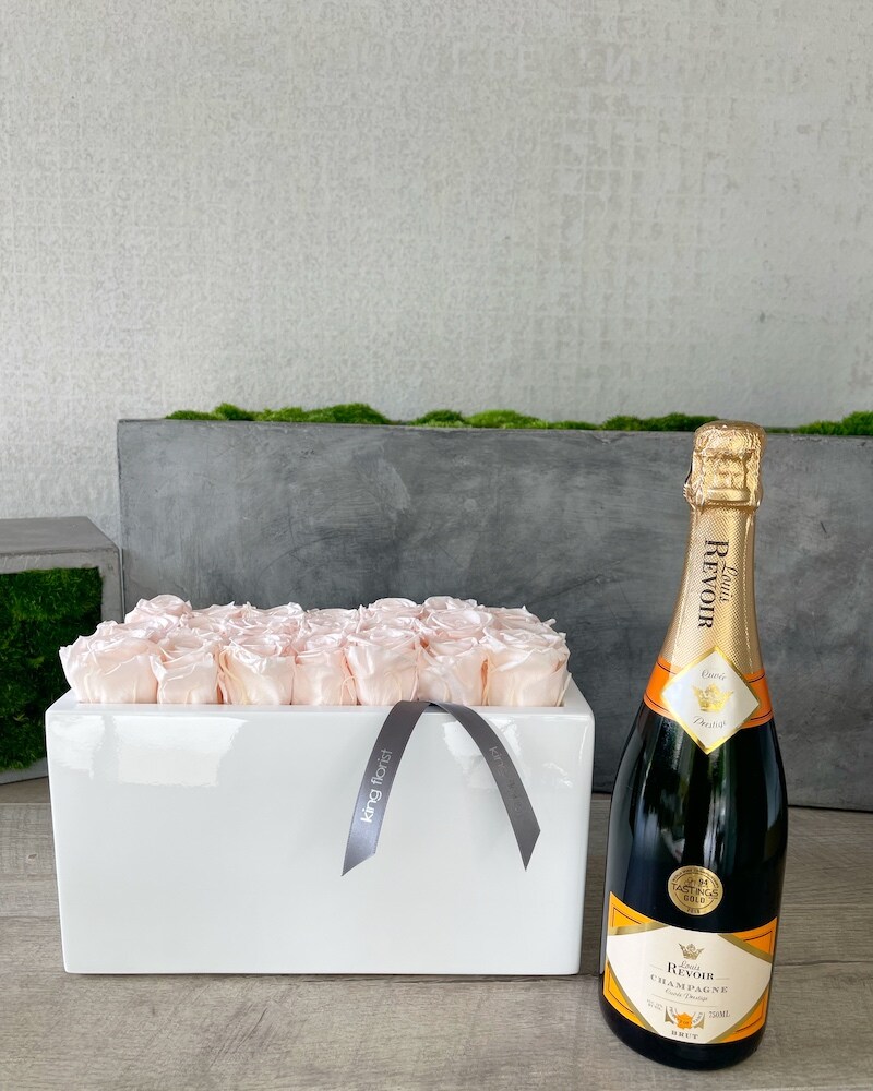 Floral Arrangement and Champagne size, inches height and inches wide.