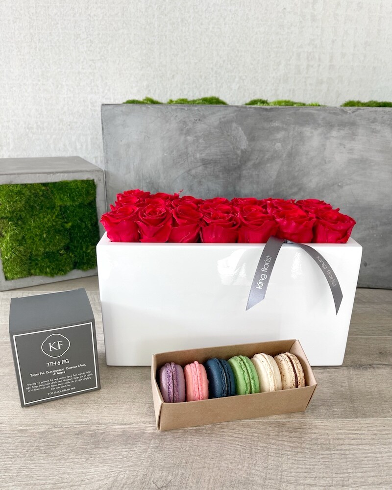 Floral Arrangement, Half Dozen Macarons and a Candle size, inches height and inches wide.