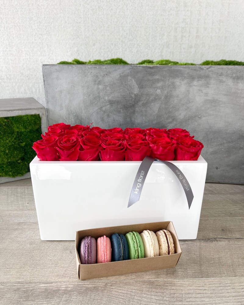 Floral Arrangement and Half Dozen Macarons size, inches height and inches wide.