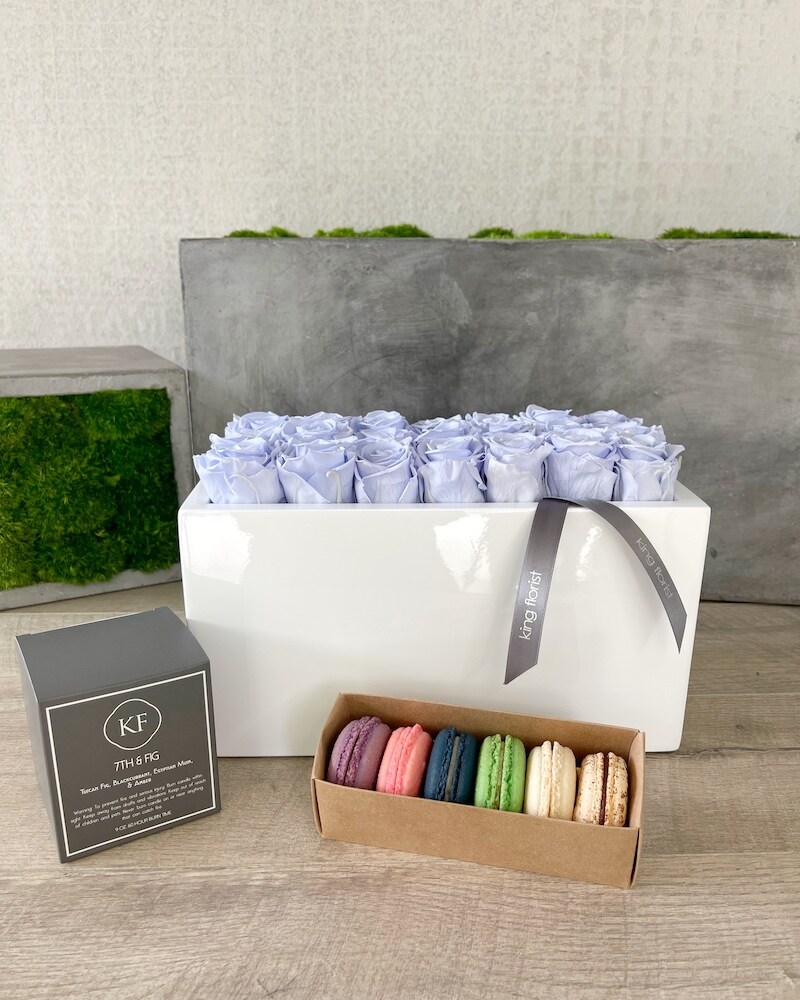 Floral Arrangement, Half Dozen Macarons and a Candle size, inches height and inches wide.