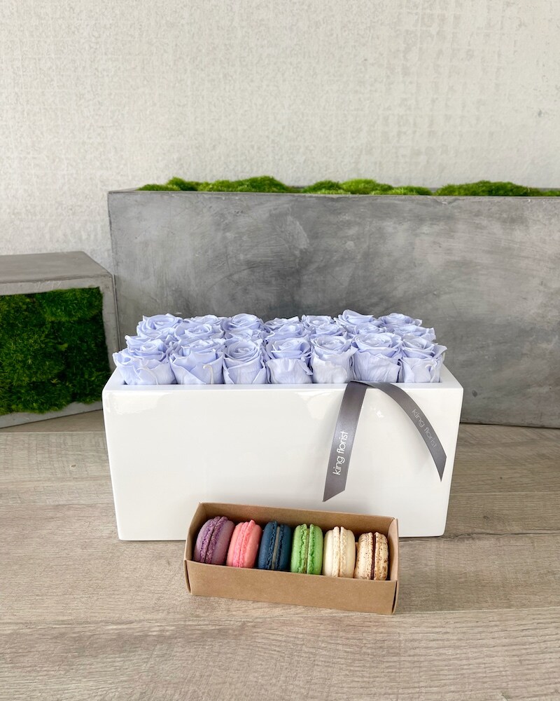 Floral Arrangement and Half Dozen Macarons size, inches height and inches wide.