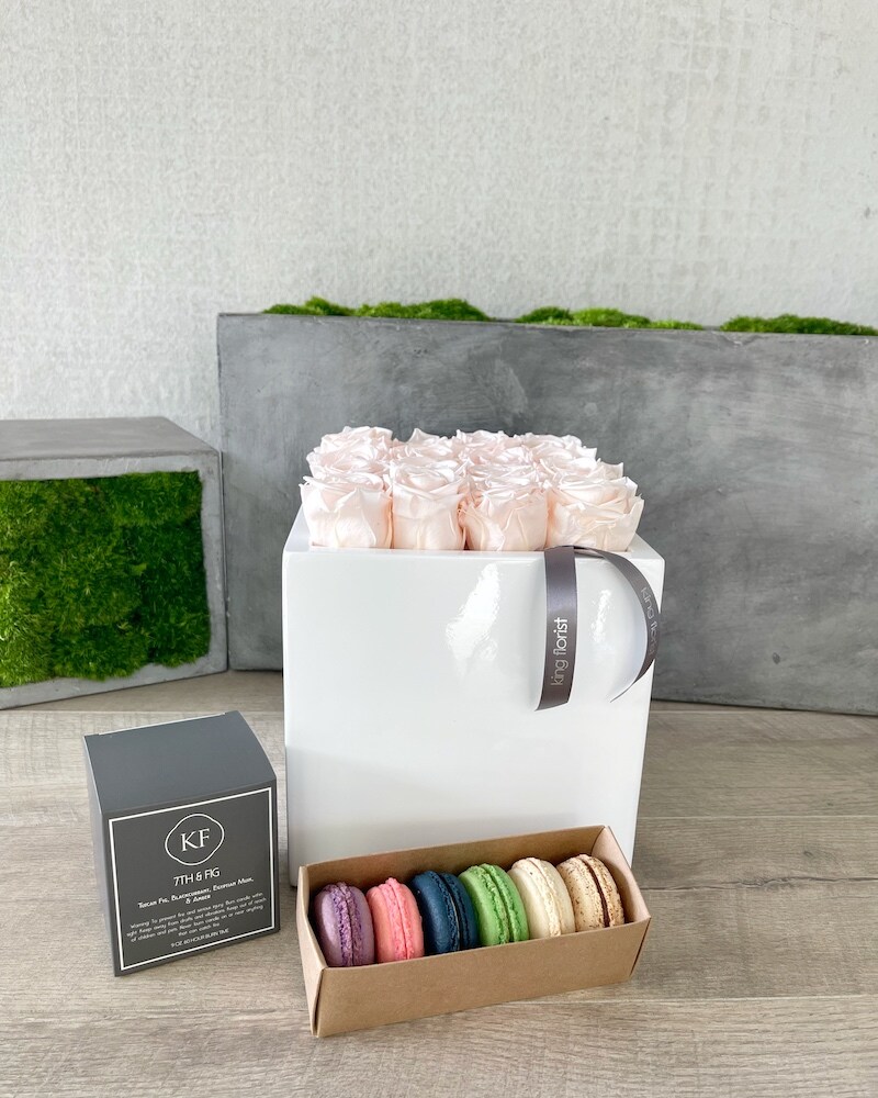 Floral Arrangement, Half Dozen Macarons and a Candle size, inches height and inches wide.