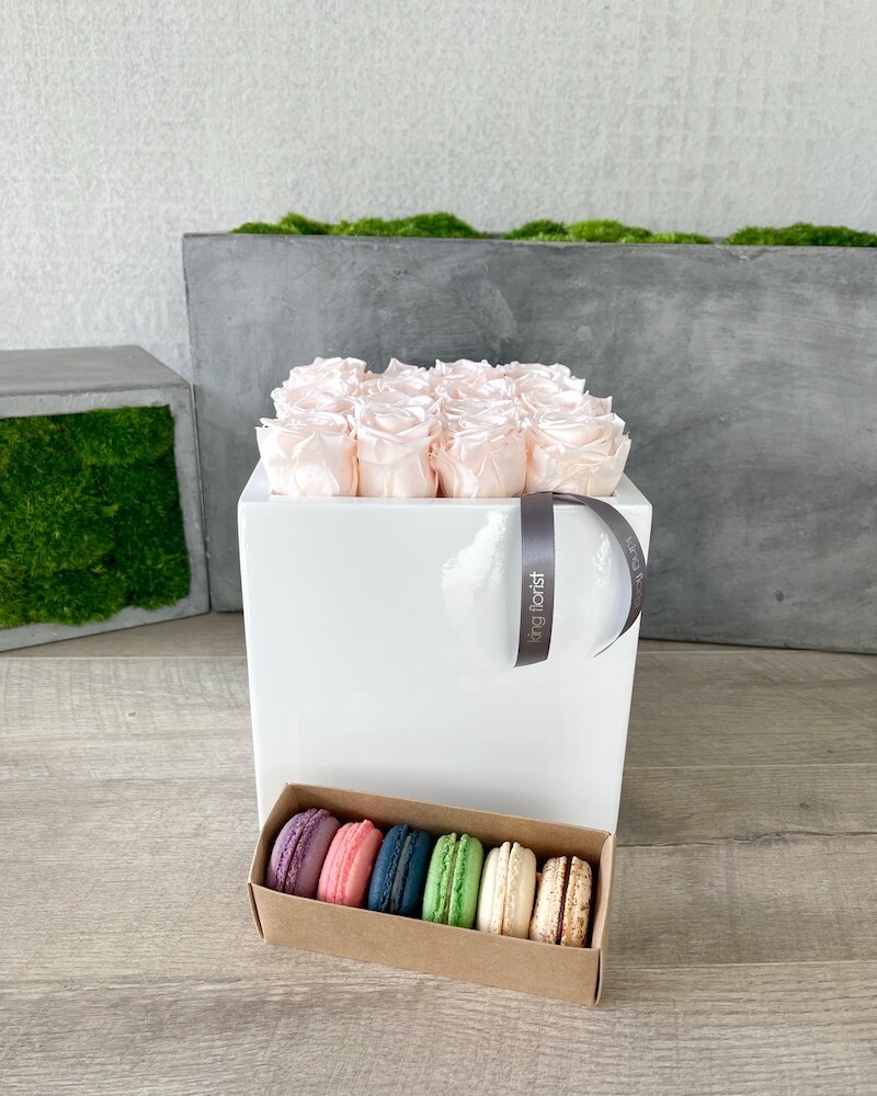 Floral Arrangement and Half Dozen Macarons size, inches height and inches wide.