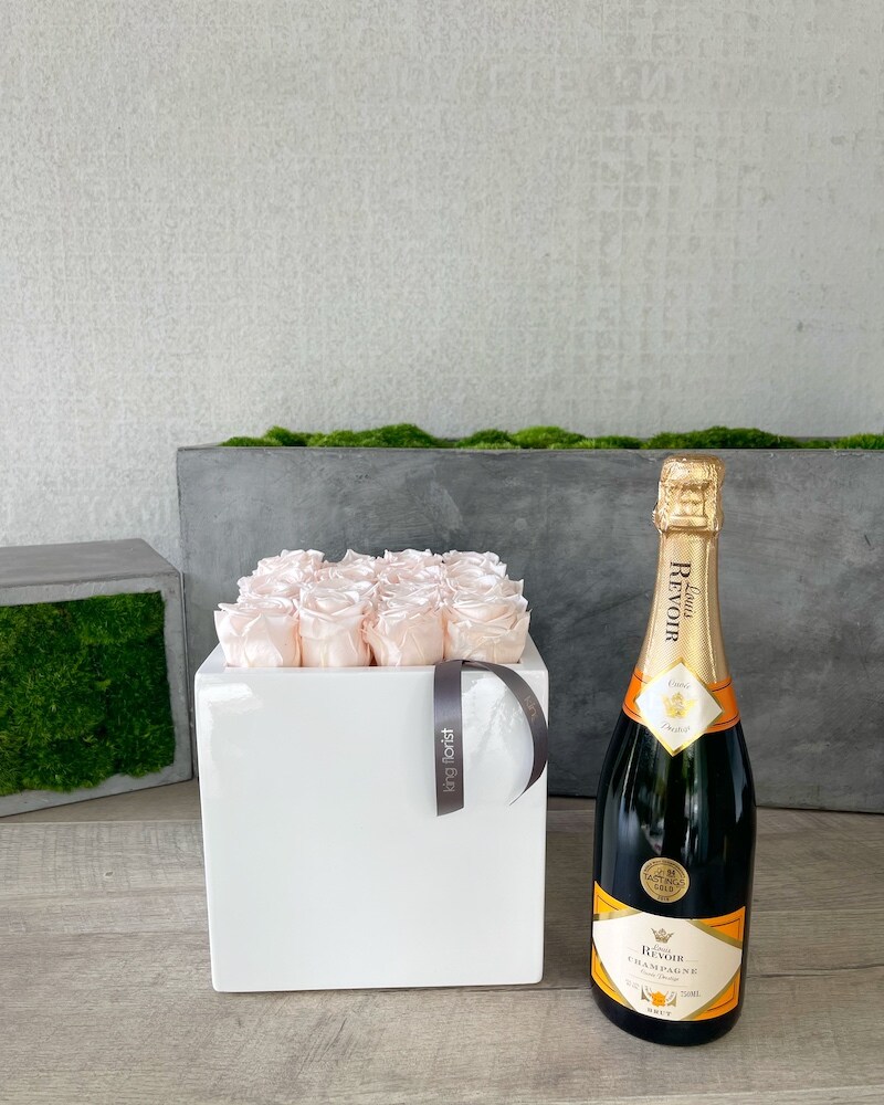 Floral Arrangement and Champagne size, inches height and inches wide.