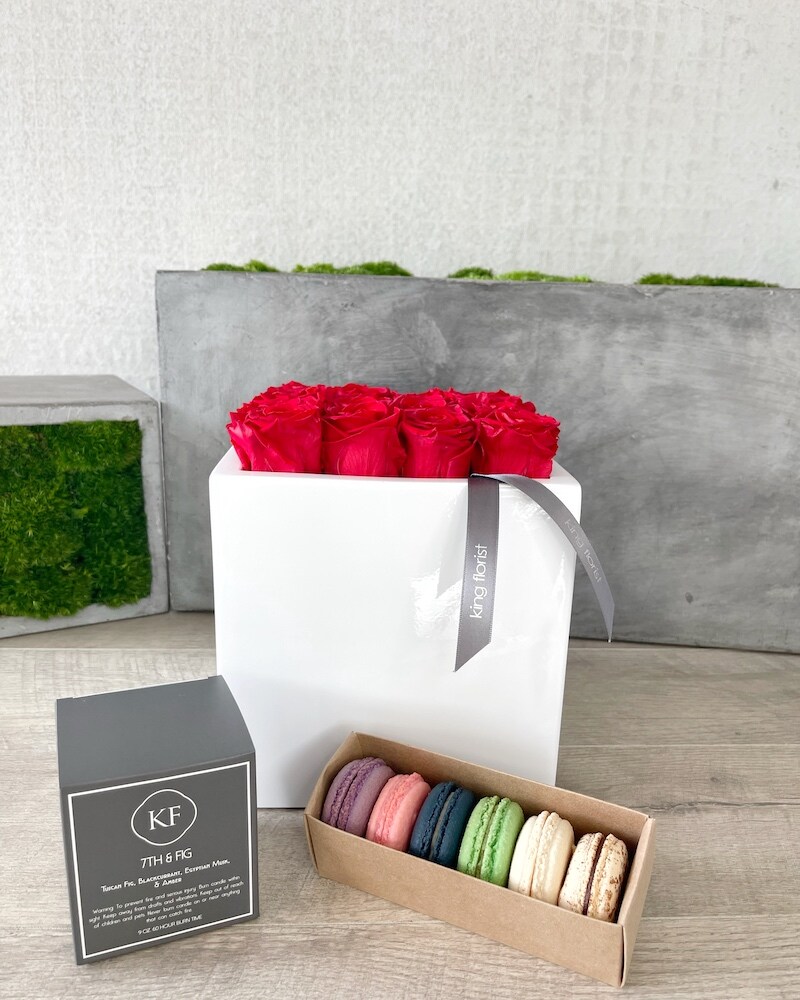 Floral Arrangement, Half Dozen Macarons and a Candle size, inches height and inches wide.