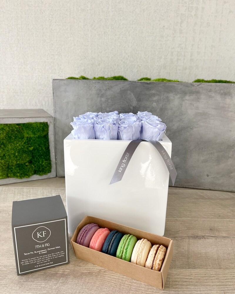 Floral Arrangement, Half Dozen Macarons and a Candle size, inches height and inches wide.