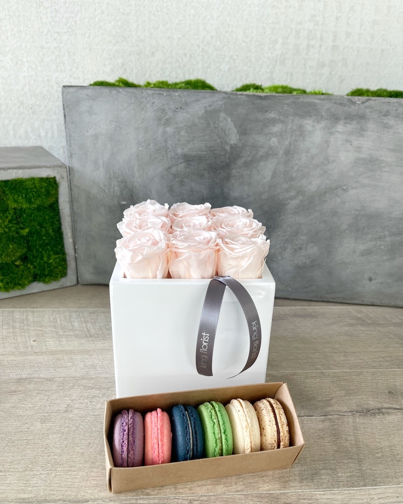 Floral Arrangement and Half Dozen Macarons size, inches height and inches wide.