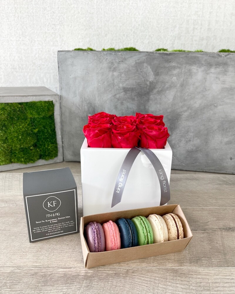 Floral Arrangement, Half Dozen Macarons and a Candle size, inches height and inches wide.