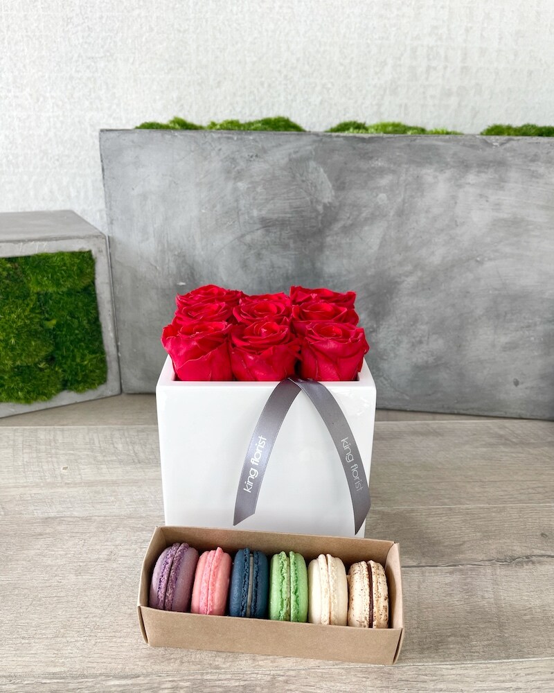 Floral Arrangement and Half Dozen Macarons size, inches height and inches wide.