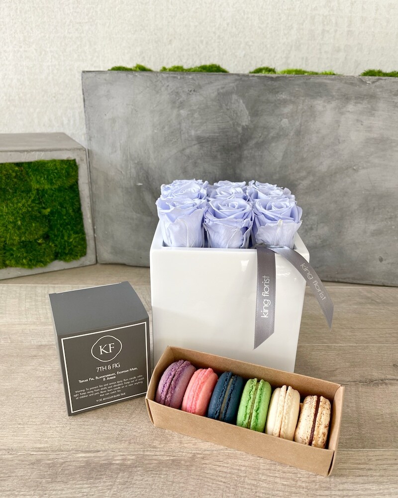 Floral Arrangement, Half Dozen Macarons and a Candle size, inches height and inches wide.