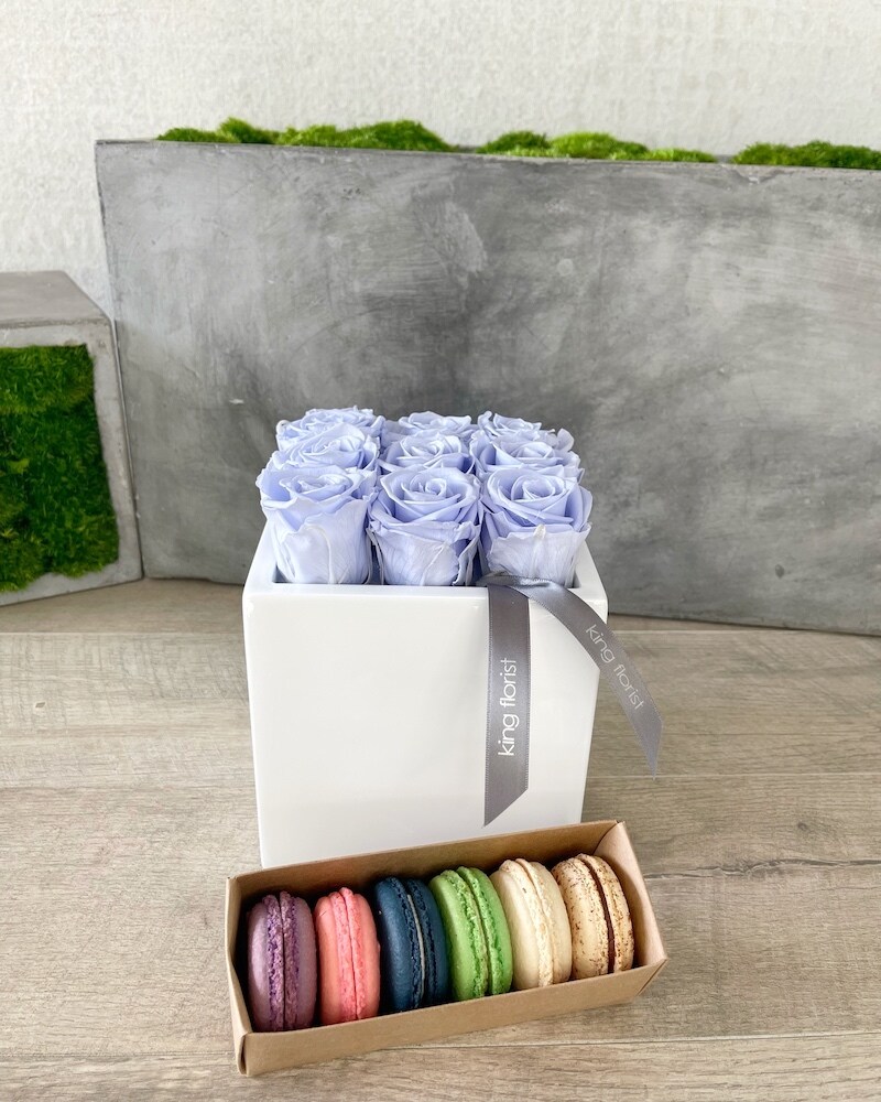 Floral Arrangement and Half Dozen Macarons size, inches height and inches wide.