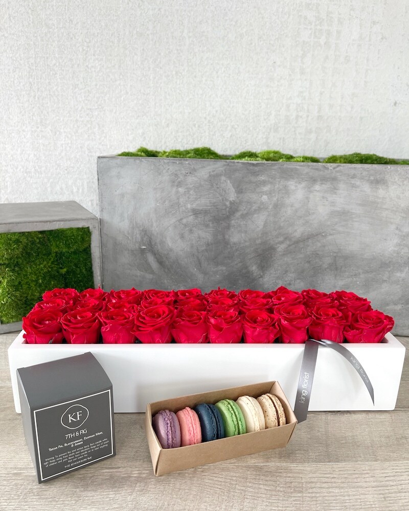 Floral Arrangement, Half Dozen Macarons and a Candle size, inches height and inches wide.