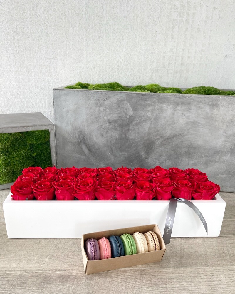 Floral Arrangement and Half Dozen Macarons size, inches height and inches wide.