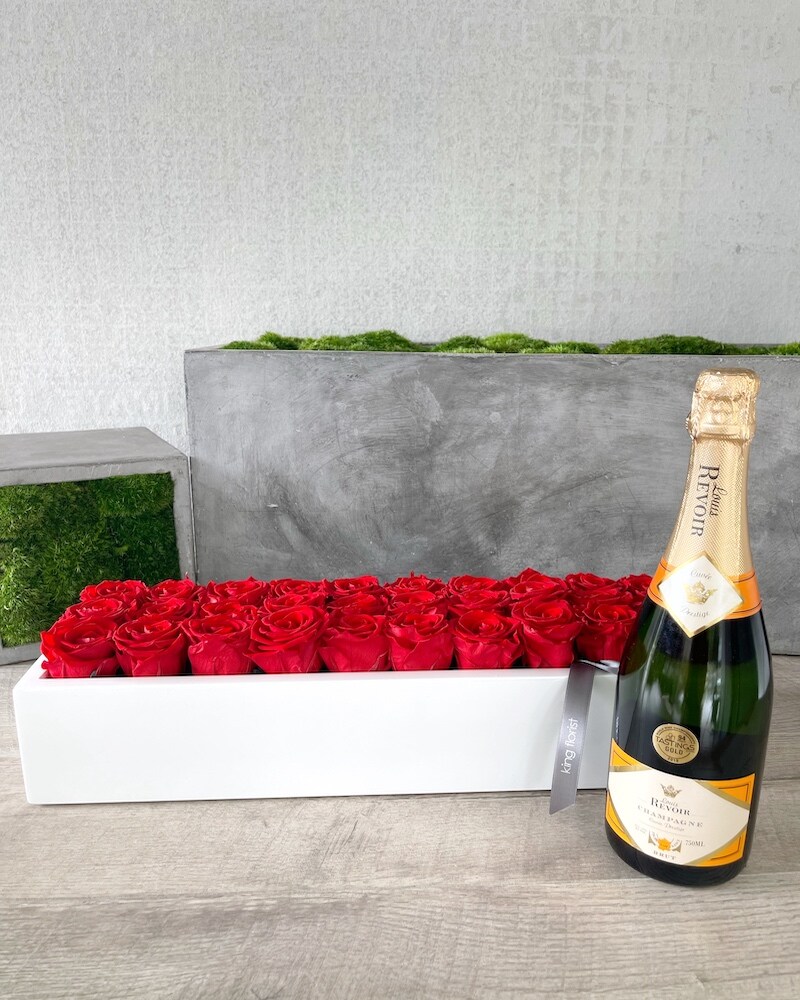 Floral Arrangement and Champagne size, inches height and inches wide.