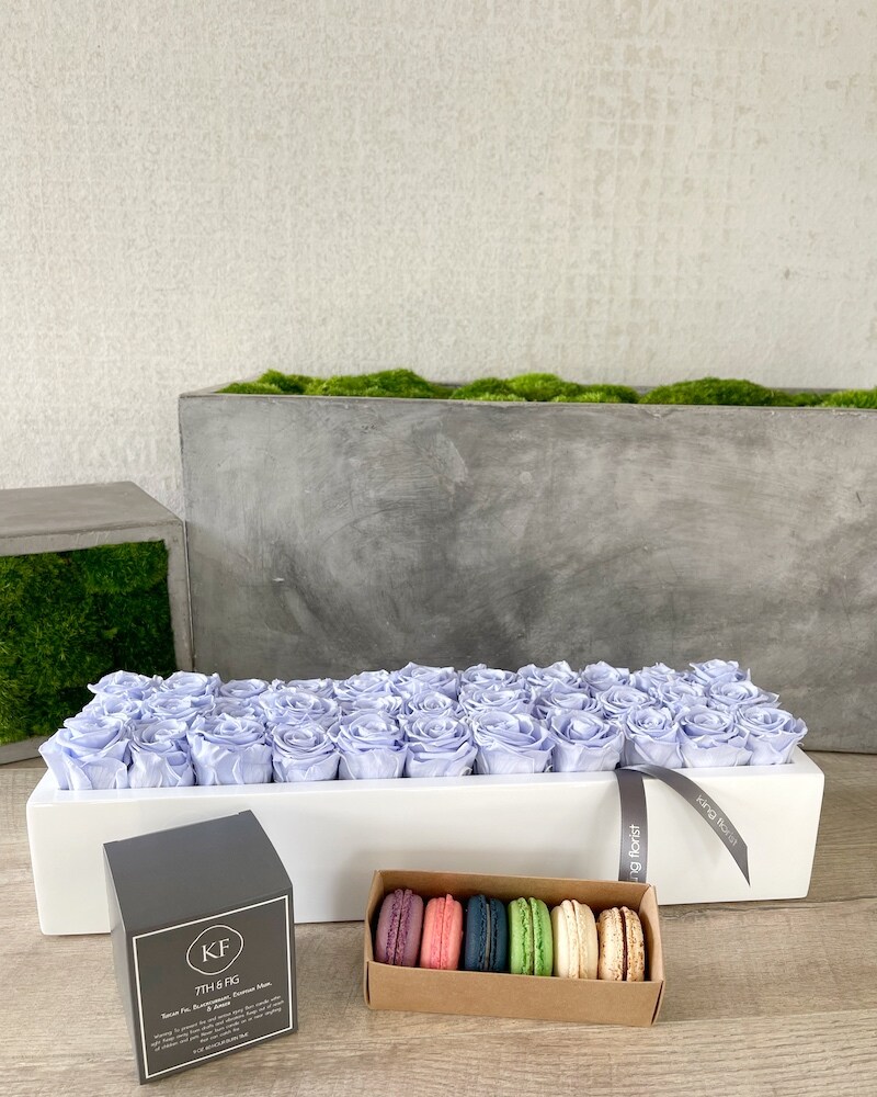 Floral Arrangement, Half Dozen Macarons and a Candle size, inches height and inches wide.