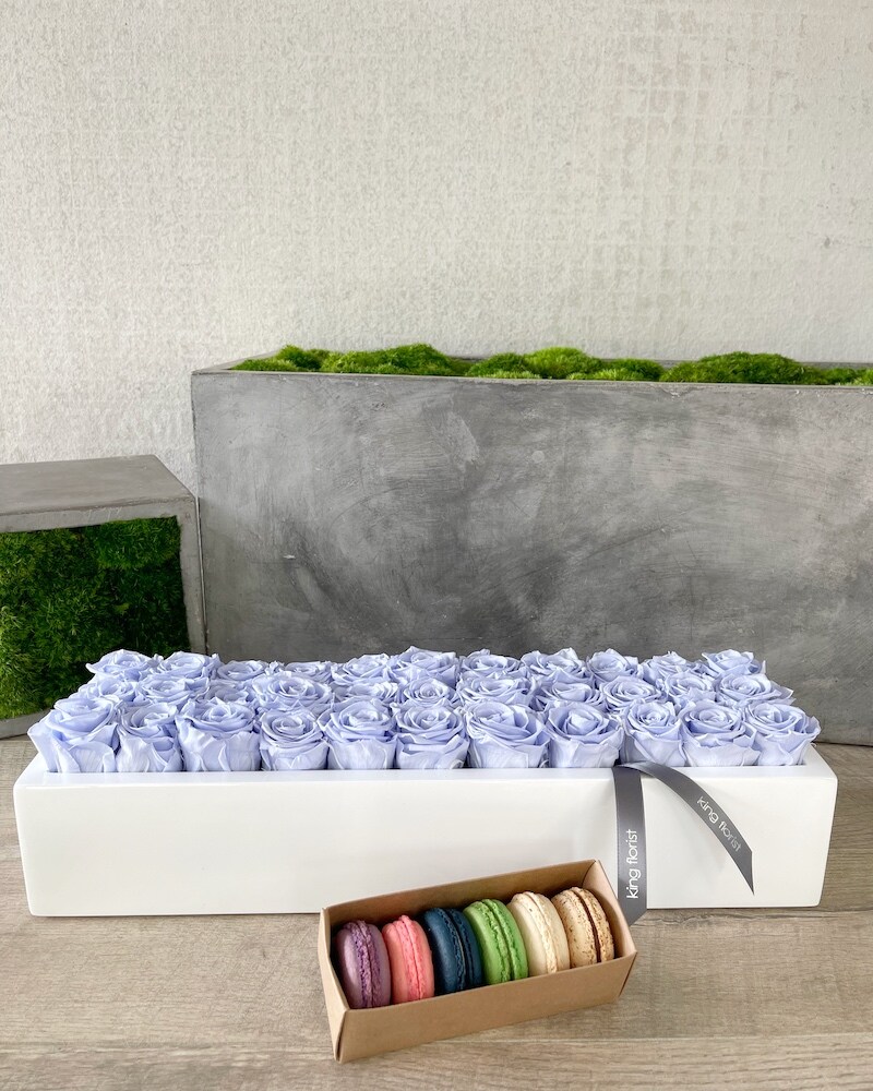Floral Arrangement and Half Dozen Macarons size, inches height and inches wide.
