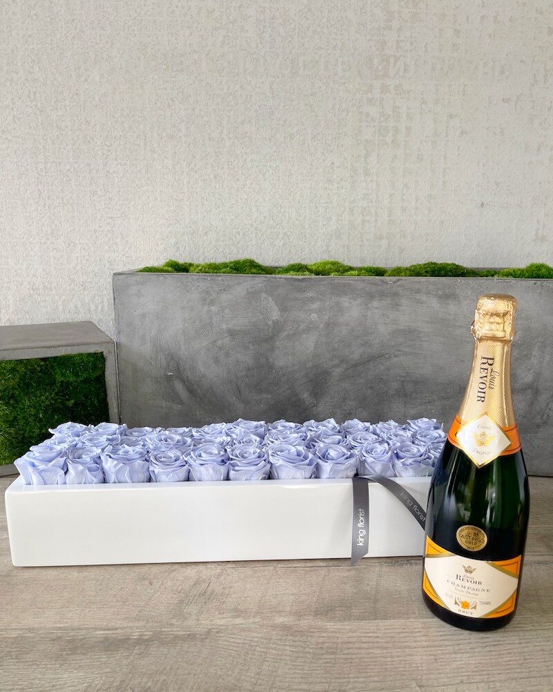 Floral Arrangement and Champagne size, inches height and inches wide.