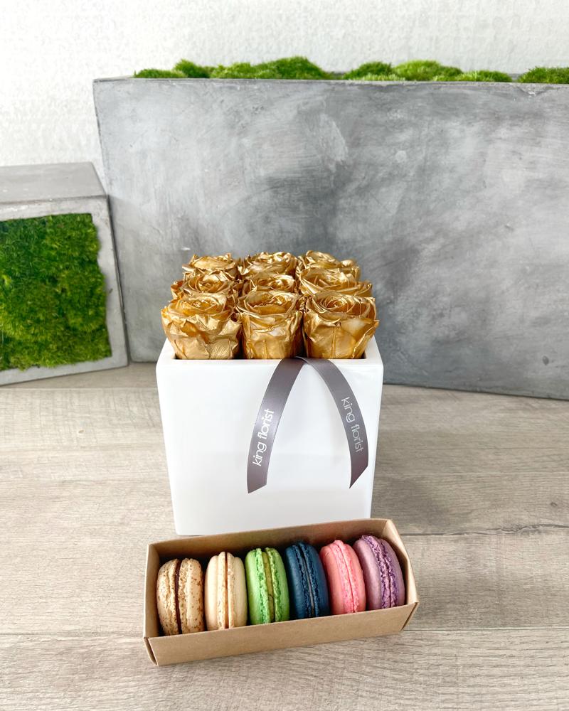 Floral Arrangement and Half Dozen Macarons size, inches height and inches wide.
