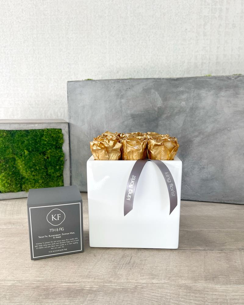 Floral Arrangement and Candle size, inches height and inches wide.