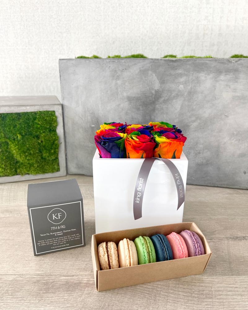 Floral Arrangement, Half dozen Macarons, and Candle size, inches height and inches wide.