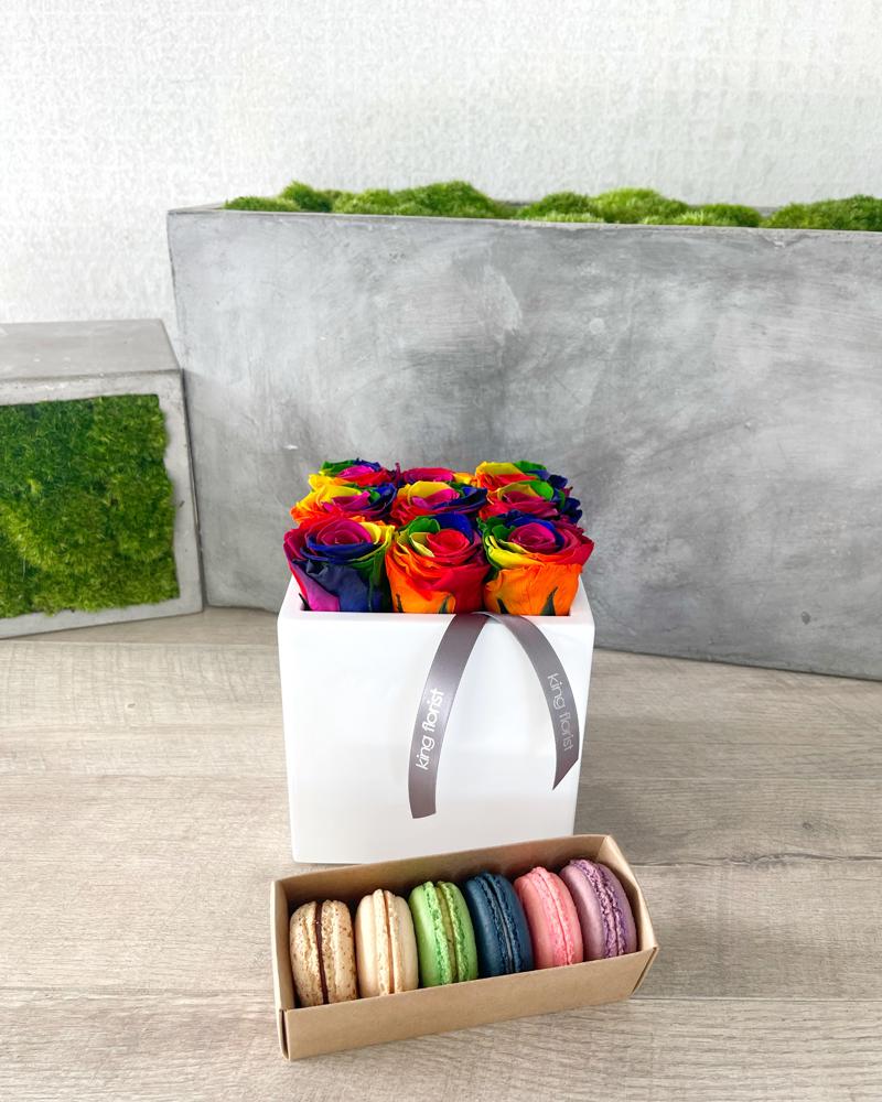 Floral Arrangement and Half Dozen Macarons size, inches height and inches wide.