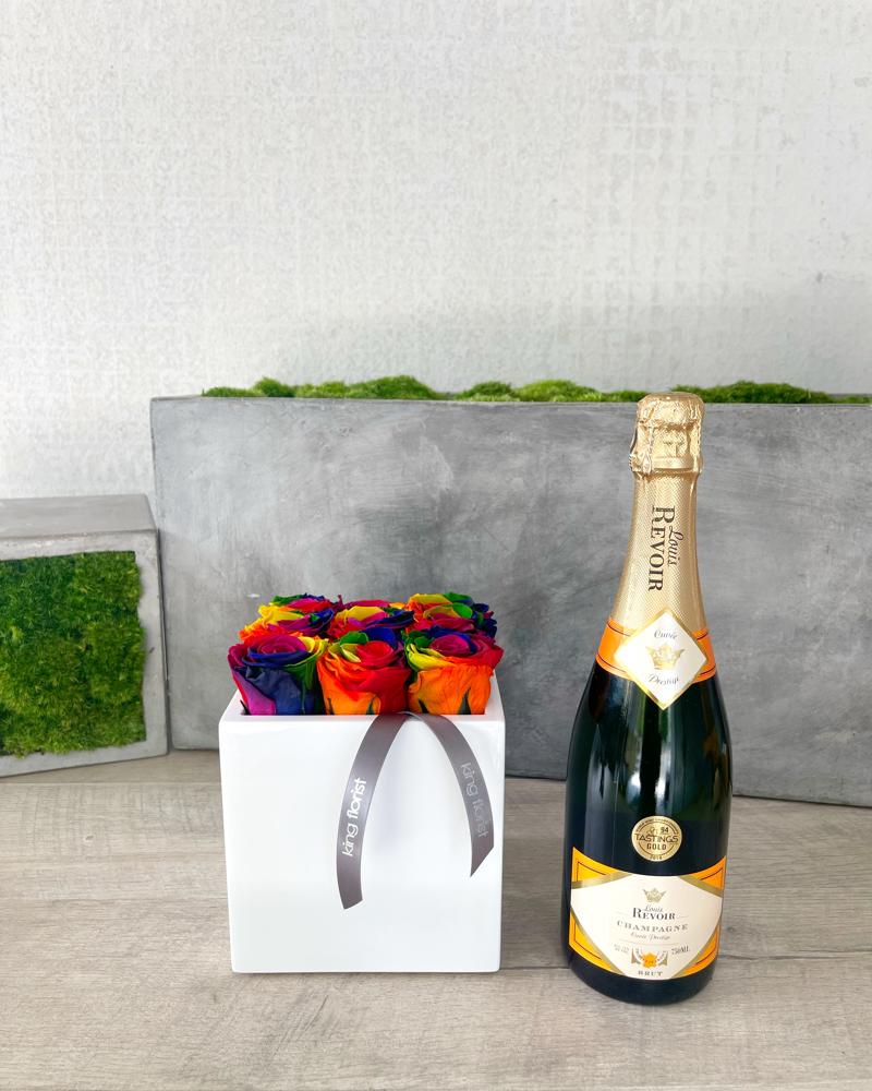 Floral Arrangement and Champagne size, inches height and inches wide.