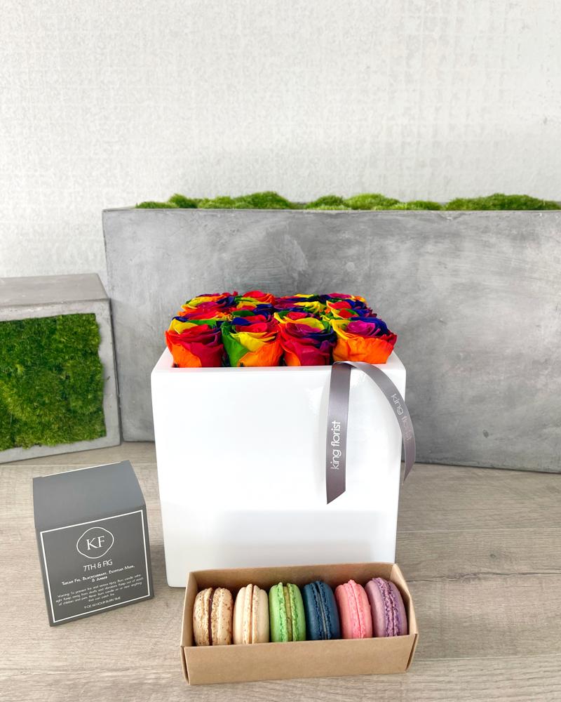 Floral Arrangement, Half dozen Macarons, and Candle size, inches height and inches wide.