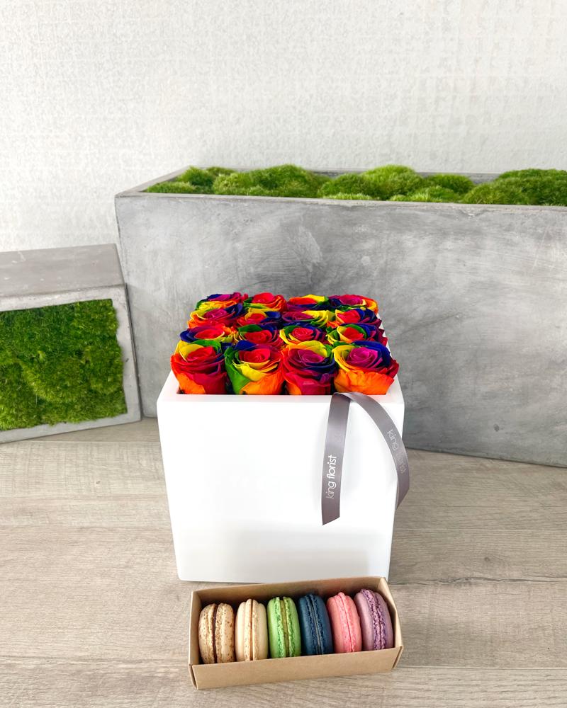 Floral Arrangement and Half Dozen Macarons size, inches height and inches wide.