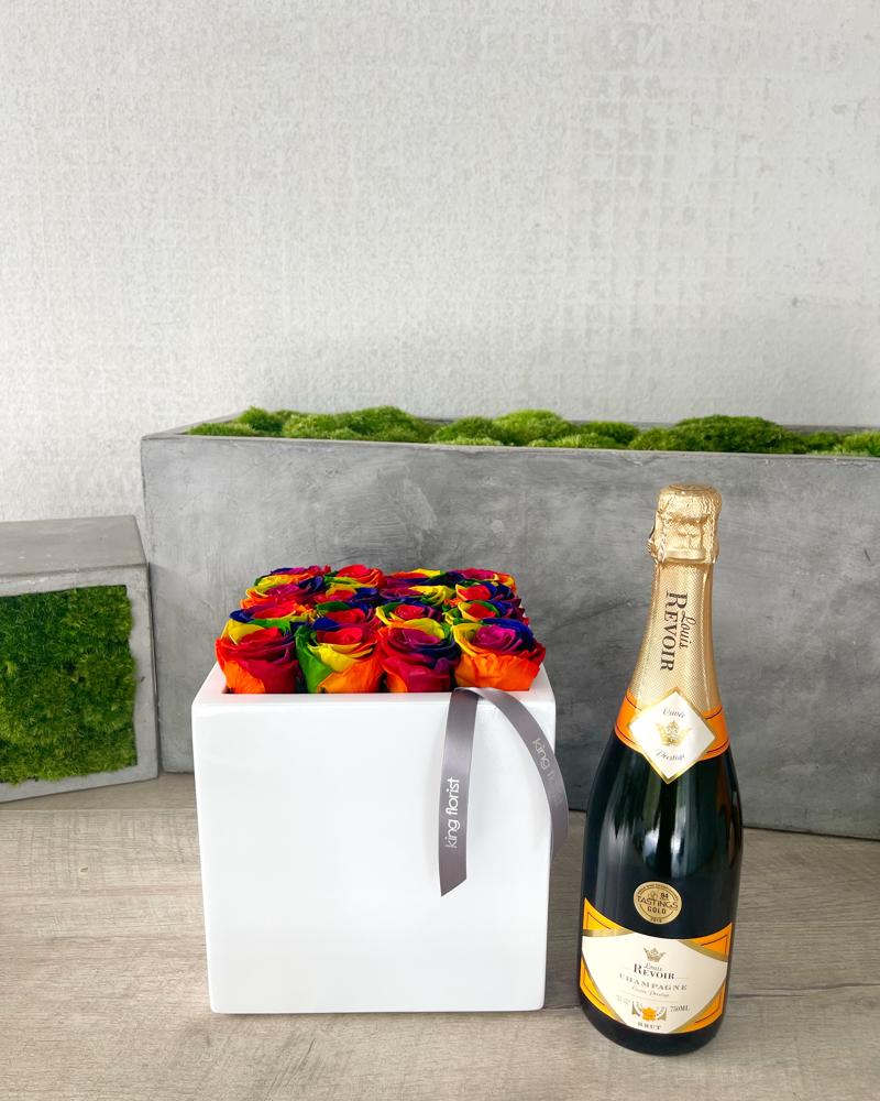 Floral Arrangement and Champagne size, inches height and inches wide.
