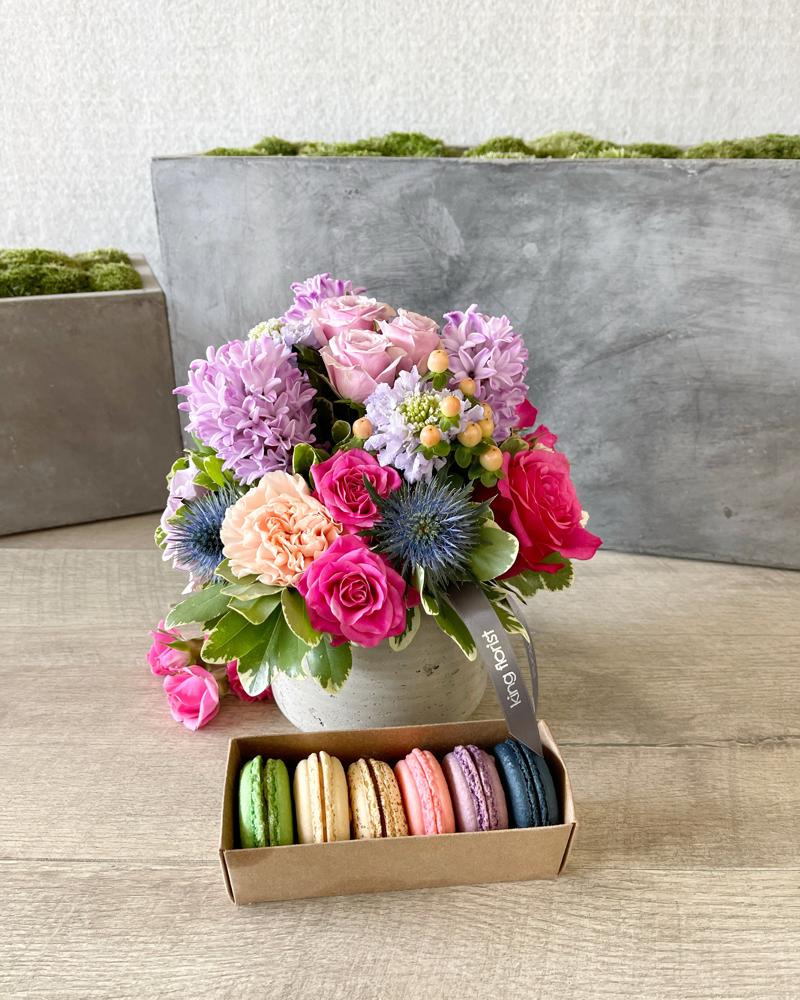 Floral Arrangement and Half Dozen Macarons size, inches height and inches wide.