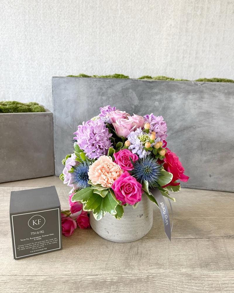 Floral Arrangement and Candle size, inches height and inches wide.