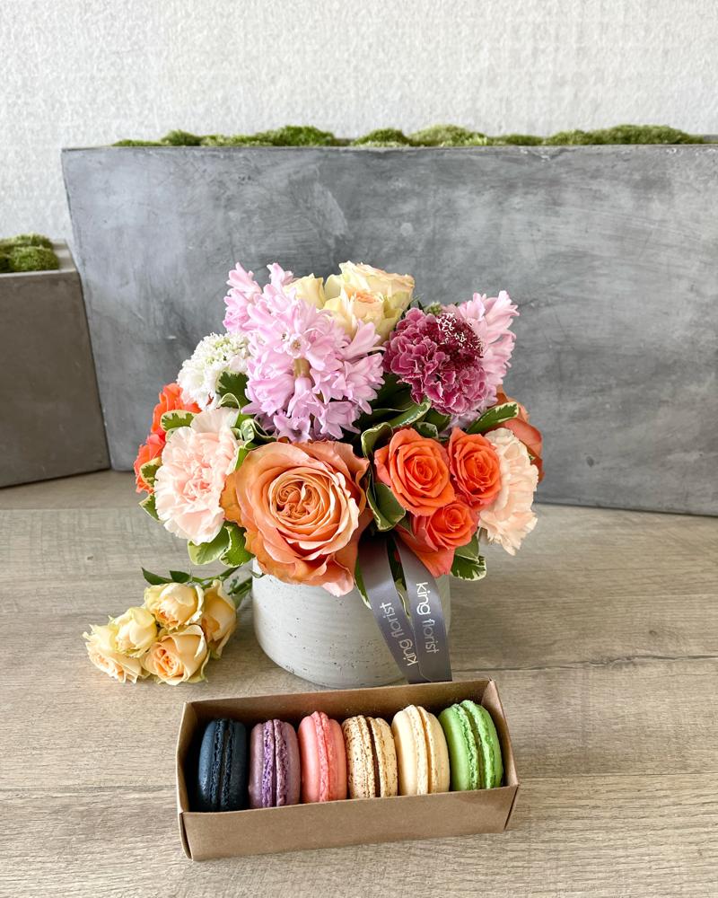 Floral Arrangement and Half Dozen Macarons size, inches height and inches wide.