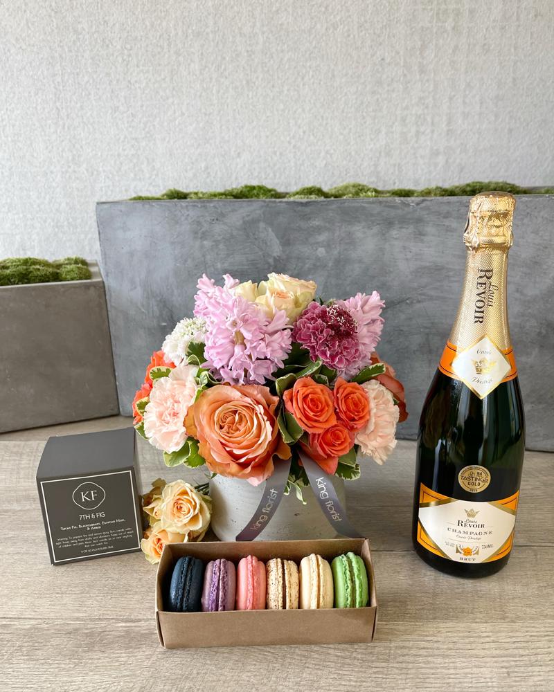 Floral Arrangement and All Add-ons size, inches height and inches wide.