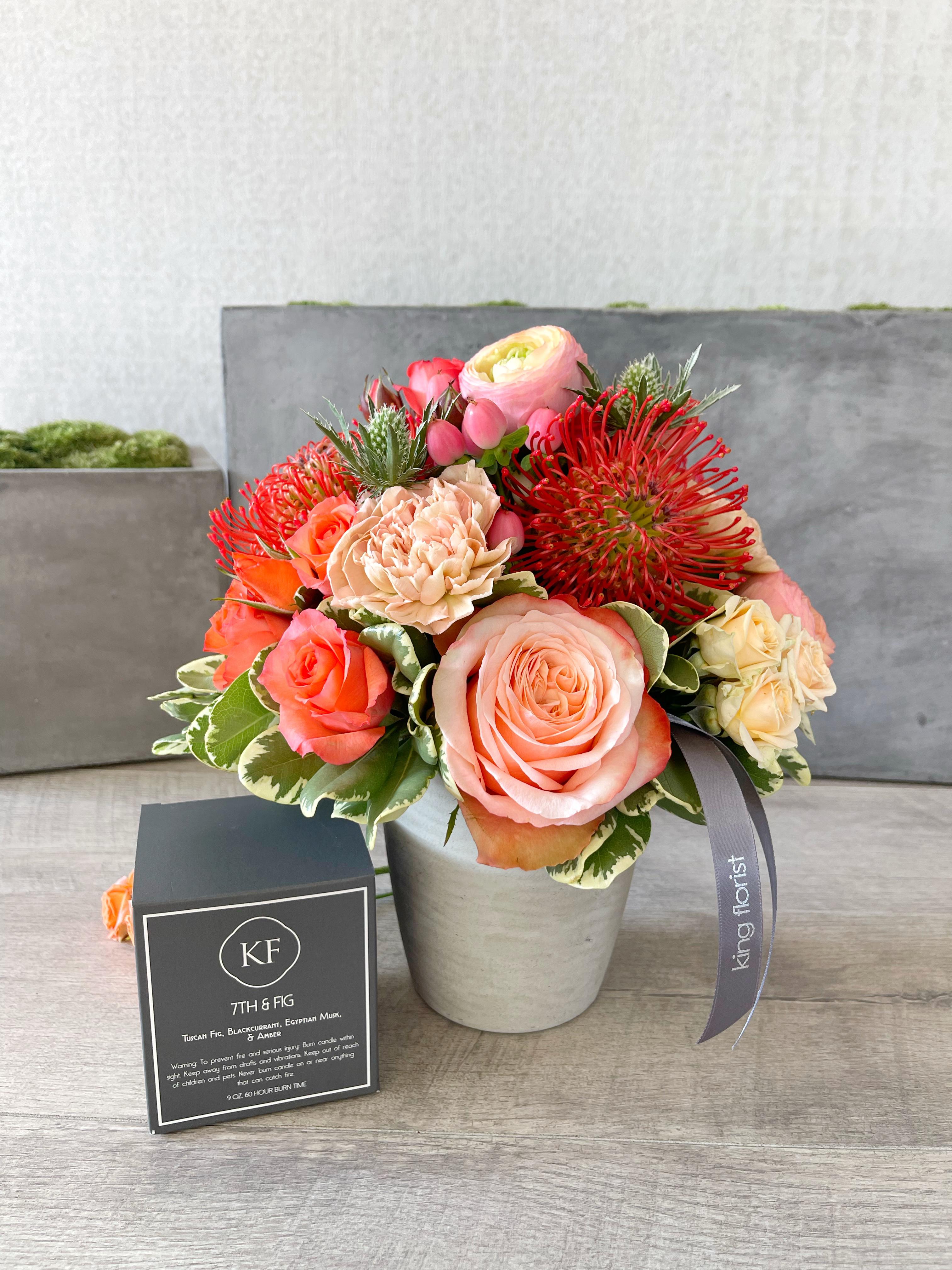 Floral Arrangement and Candle size, inches height and inches wide.