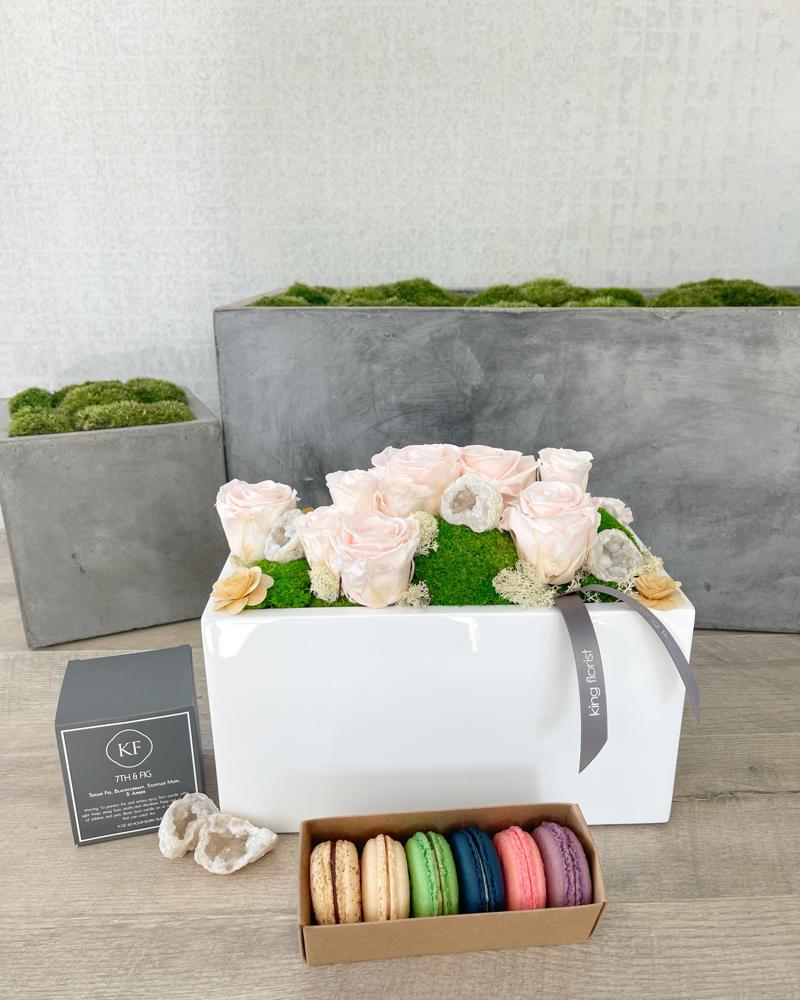 Garden, Half Dozen Macarons, and Candle size, inches height and inches wide.
