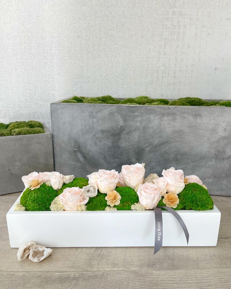 Rectangle Preserved Moss and Blush Rose Garden size, inches height and inches wide.