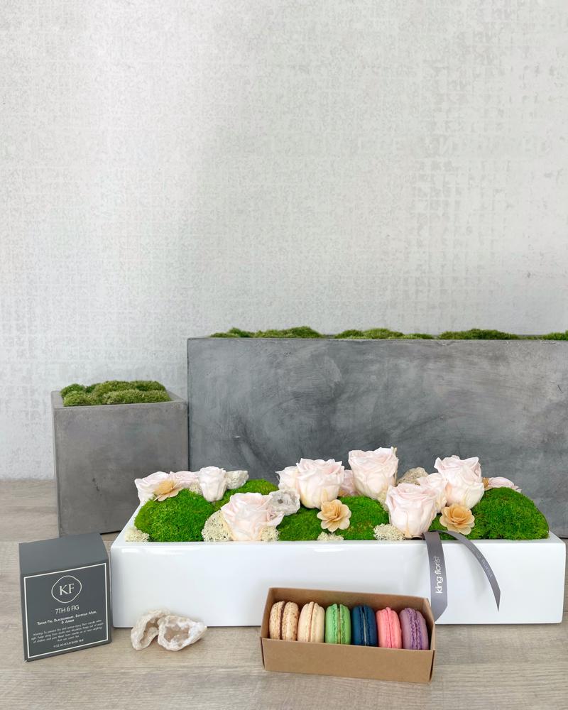 Garden, Half Dozen Macarons, and Candle size, inches height and inches wide.