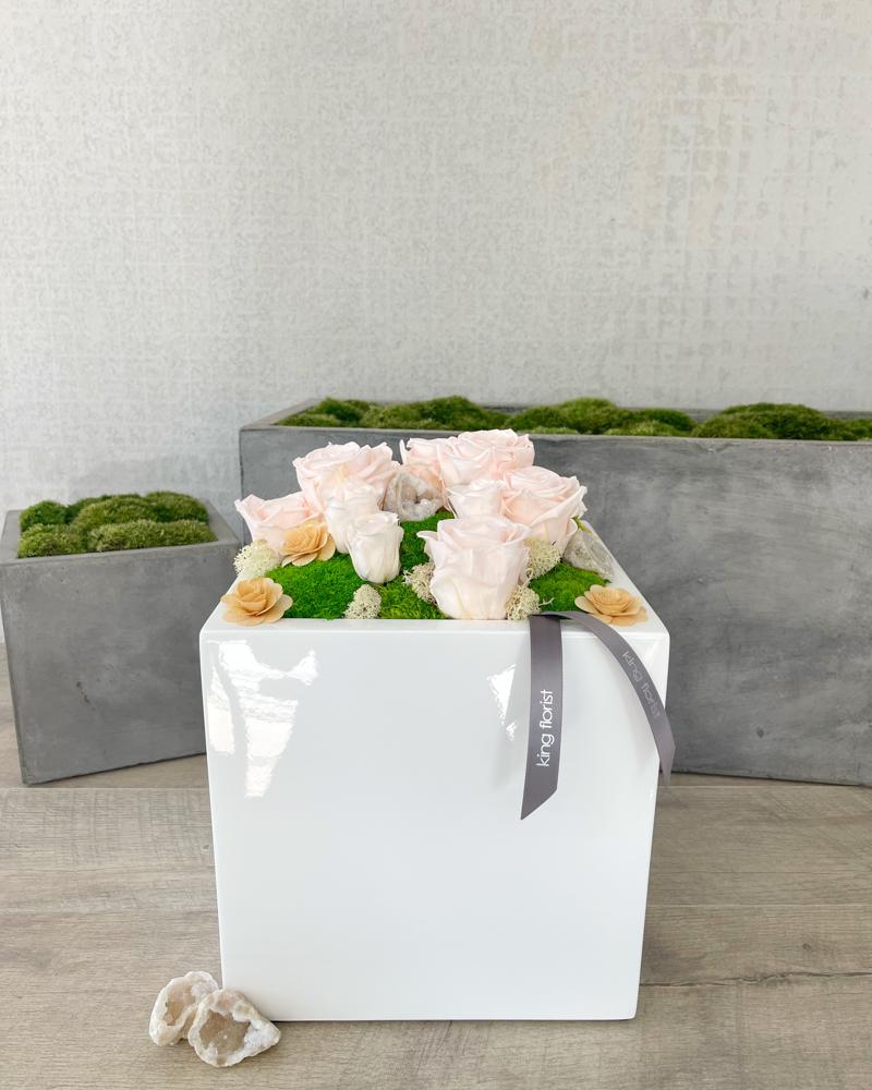 Luxurious Preserved Moss and Rose Garden size, inches height and inches wide.