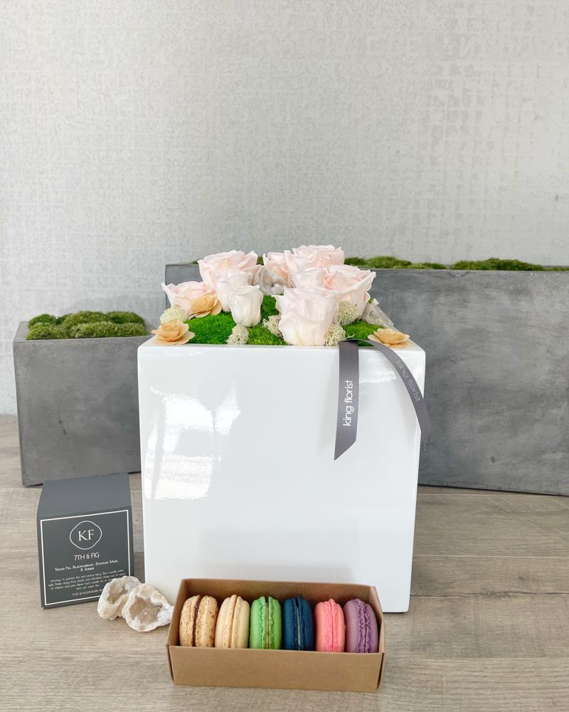 Garden, Half Dozen Macarons, and Candle size, inches height and inches wide.