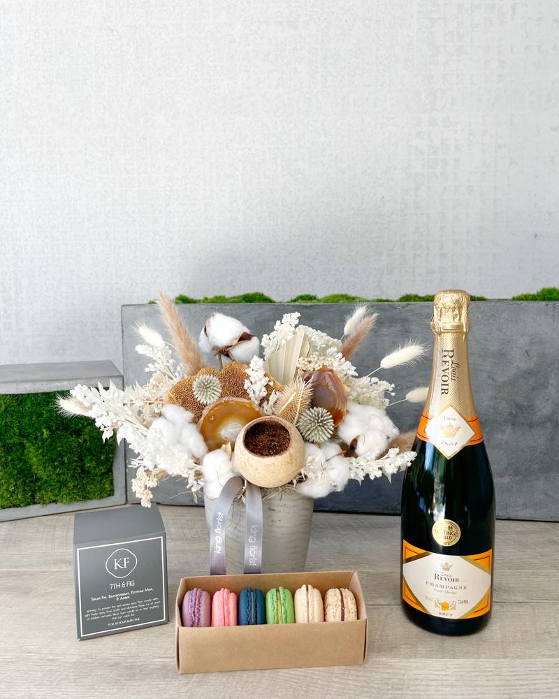 Floral Arrangement and All Add-ons size, inches height and inches wide.