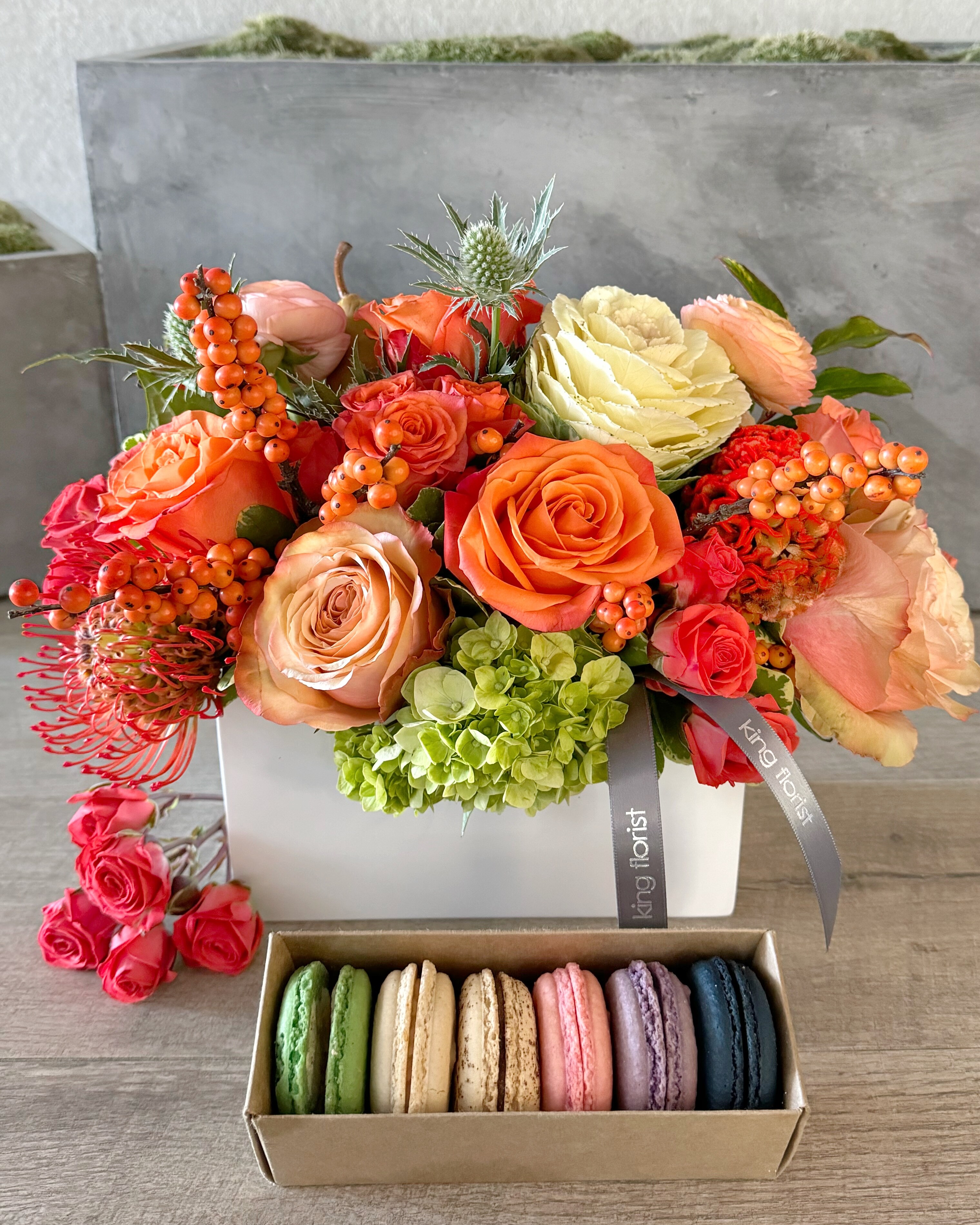 Floral Arrangement and Half Dozen Macarons size, inches height and inches wide.