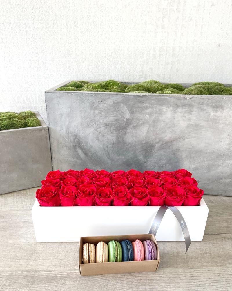 Floral Arrangement and Half Dozen Macarons size, inches height and inches wide.