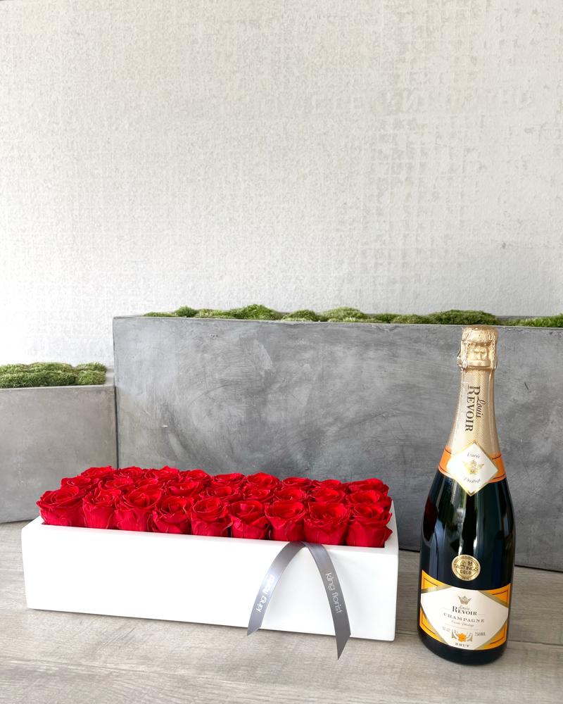 Floral Arrangement and Champagne size, inches height and inches wide.