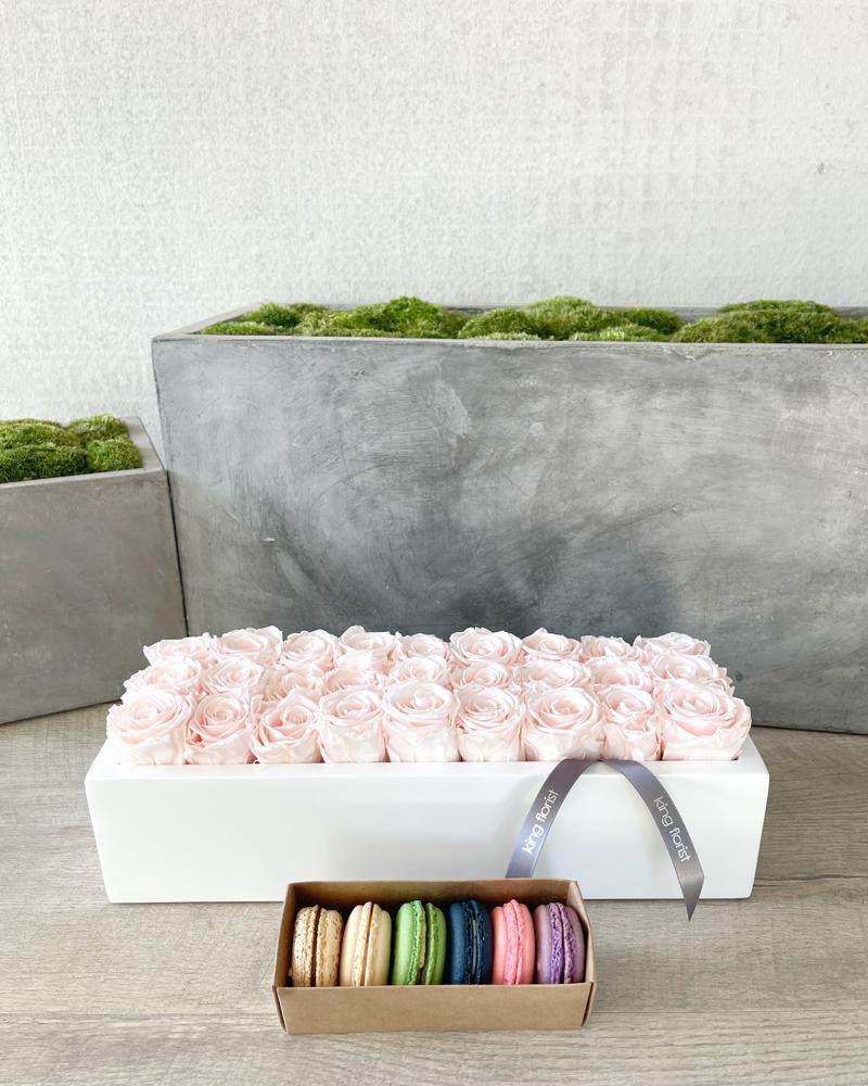 Floral Arrangement and Half Dozen Macarons size, inches height and inches wide.