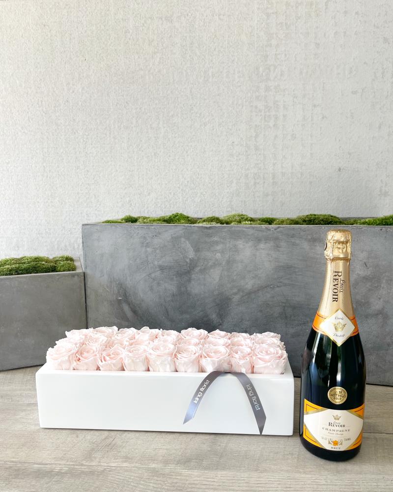 Floral Arrangement and Champagne size, inches height and inches wide.