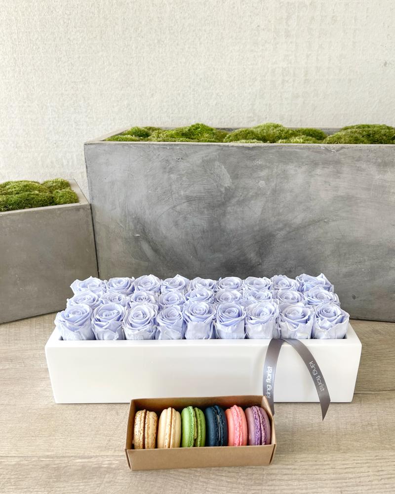 Floral Arrangement and Half Dozen Macarons size, inches height and inches wide.