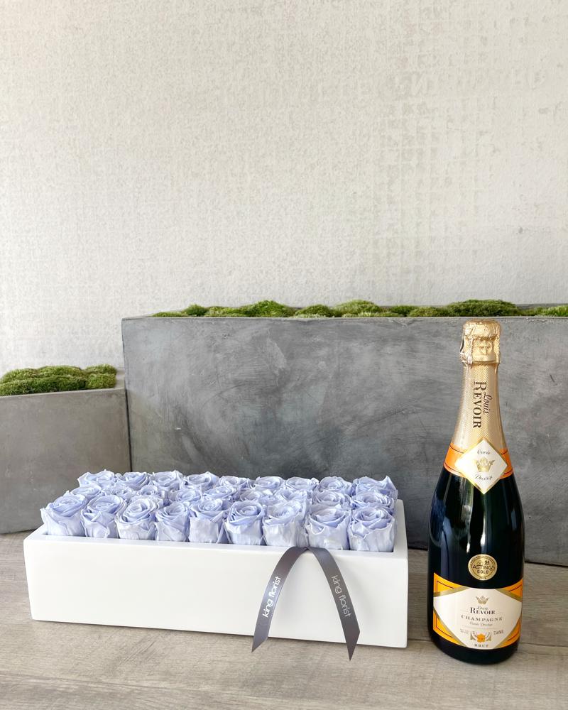 Floral Arrangement and Champagne size, inches height and inches wide.