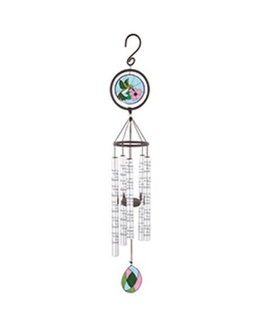 Windchime boxed with a bow size, inches height and inches wide.