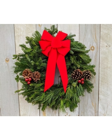 22 inch Decorated Balsam and Pine size, inches height and inches wide.